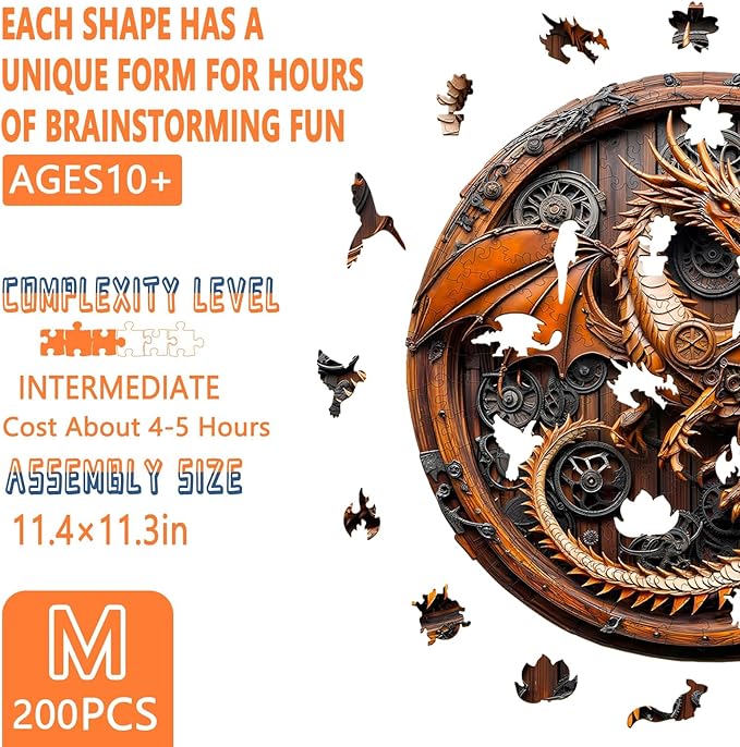 Wooden Puzzles for Adults, Mechanical Dragon Wooden Jigsaw Puzzles for Adults, Wood Puzzles Adult, Unique Animal Shape, Gifts for Friends and Family, Wall Art Canvas Puzzle (M -11.4*11.3in -200 pcs)