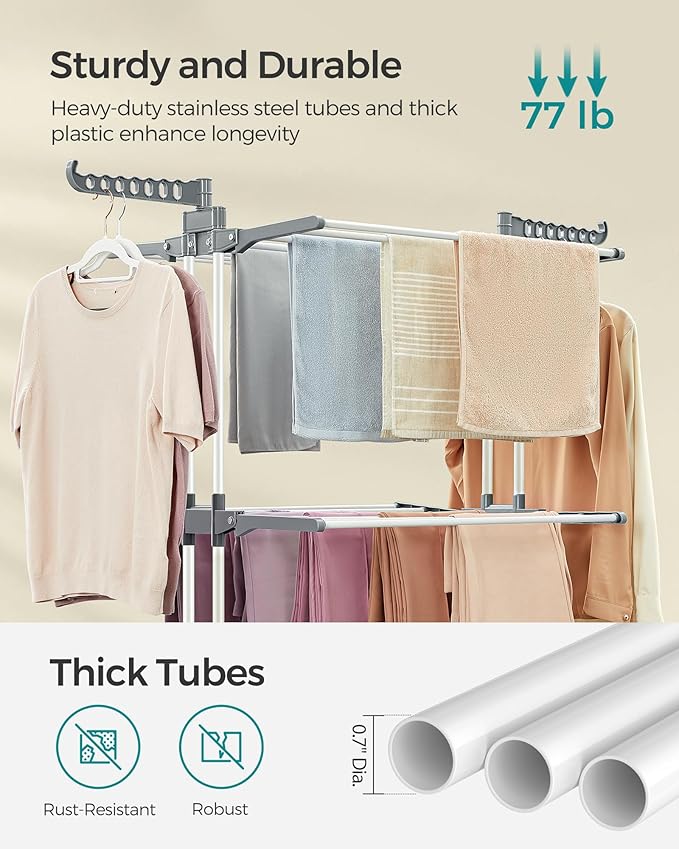 SONGMICS Clothes Drying Rack Stand 4-Tier, Foldable Laundry Drying Rack 68.1-Inch Tall, Steel, Rolling Clothes Horses Dryer Rack, Easy to Assemble, Indoor Outdoor Use, White ULLR701W01