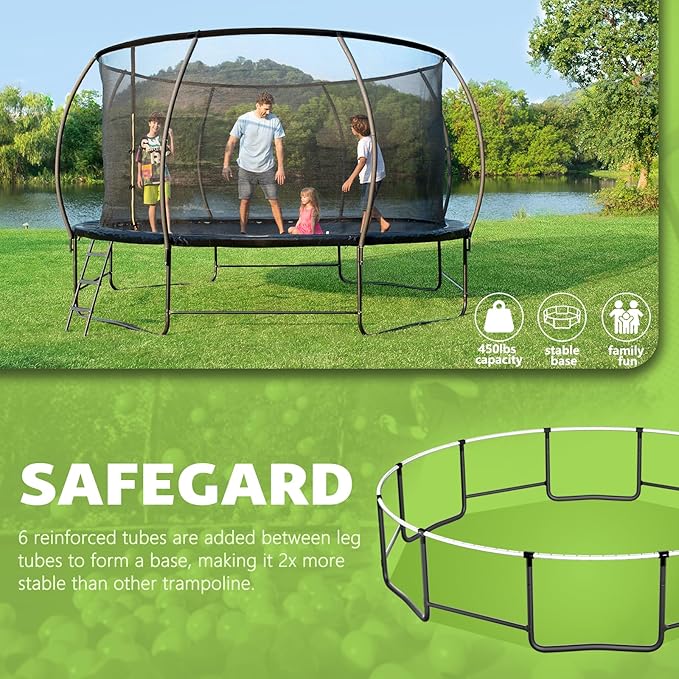 14FT 12FT 10FT 16FT Trampoline with Safety Enclosure, Anti-Rust Coating – ASTM Certified, Heavy-Duty Outdoor Trampoline with Ladder – for Kids & Adults