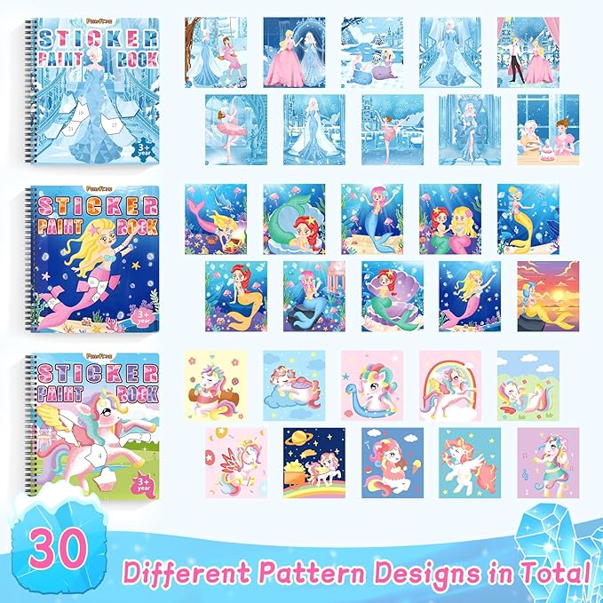 PERRYHOME 3PCS Sticker by Number Paint Books for Girls Ages 4-8, Unicorn Mermaid Frozen Themes Sticker Activity Books, Girls Crafts Party Birthday Christmas Gifts Toys