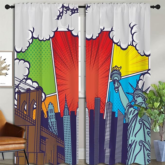 City Rod Pocket Blackout Curtains for Boy Girl Bedroom, Pop Art Style New York Cityscape Home Energy Efficient Light Filtering Window Curtain for Living Room, 84x63 inch