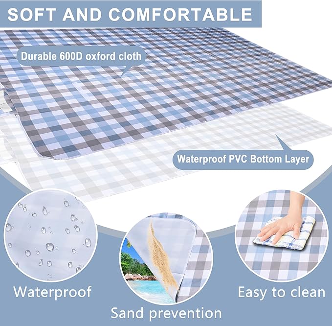 80"x80" Extra Large Waterproof Outdoor Mat - Sandproof Foldable Picnic Blanket for Family Camping, Backyard, Beach Parties - Heavy Duty & Easy Storage (Blue&Gray)