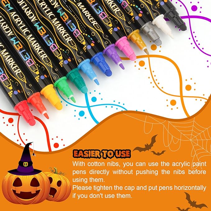 Betem 48 Colors Dual Tip Acrylic Paint Pens Markers, Premium Acrylic Paint Pens for Halloween Decorations, Wood, Canvas, Stone, Rock Painting, Glass, Ceramic Surfaces, Pumpkin Painting Kit DIY Crafts