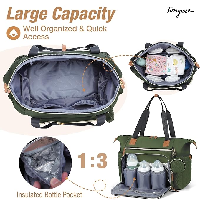 Diaper Bag Tote, Large Baby Diaper Bags Waterproof, Hospital Bag for Labor Delivery with Pacifier Case, Changing Pad, Shoulder Strap, Dark Green