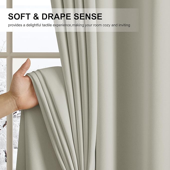 NICETOWN Light Beige Room Darkening Curtains 63 Inches Long for Kids Bedroom, Thermal Insulated Blackout Plylux Curtains & Drapes for Living Room Window Cover (W52 x L63 Inch, 2 Panels)