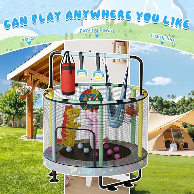 LAMERGE 55" 7-in-1 Round Trampoline for Kids Boys & Girls Ages 1-8, Indoor & Outdoor Trampoline for Fun, Adjustable Height Handrail ＆ Enclosed Safety Net ＆ Durable Designs for Toddlers Children