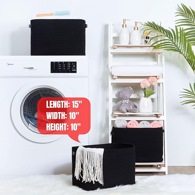 MINTWOOD Design 3-Pack Storage Baskets for Shelves, Decorative Baskets for Organizing, Woven Baskets for Storage, Book Basket Cube Bin Box, Pantry Closet, Shoe Organizer, Black / Black