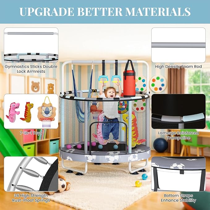 LAMERGE 55" 7-in-1 Round Trampoline for Kids Boys & Girls Ages 1-8, Indoor & Outdoor Trampoline for Fun, Adjustable Height Handrail ＆ Enclosed Safety Net ＆ Durable Designs for Toddlers Children