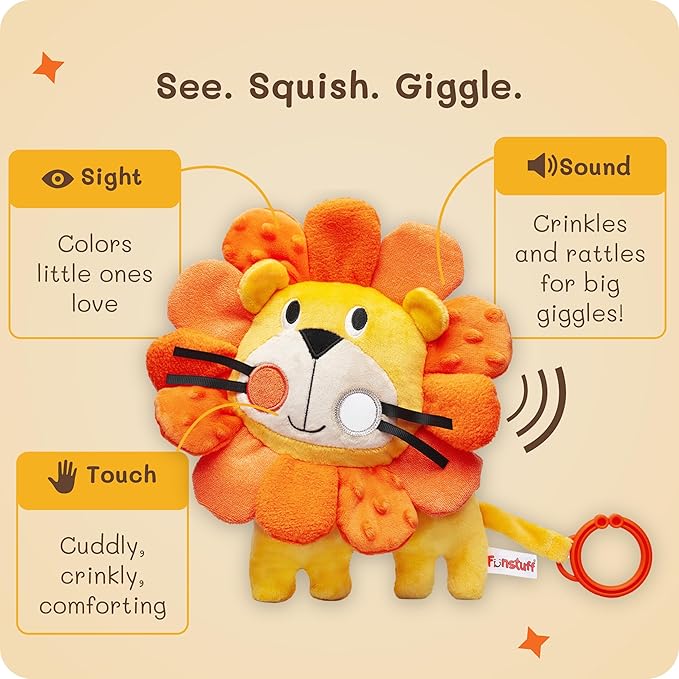 Roary The Lion Crinkle Toy for Baby - Sensory Tummy Time Toys - Plush Stuffed Animal with Teething Toy Chew Ring