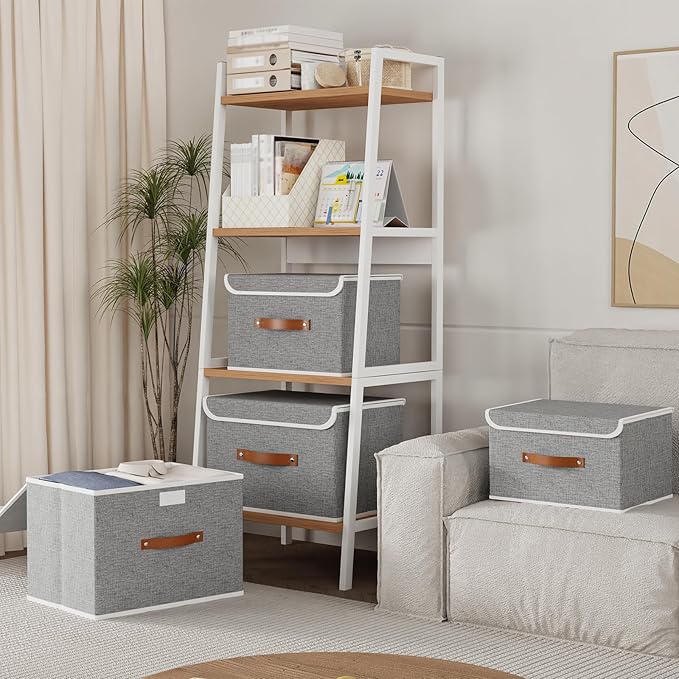 Yawinhe Storage Bins with Lids, Closet Baskets, Washable and Leather Handle, Collapsible Boxes for Home, Grey, 17.7''Lx11.8''Wx11.8''H, 5-Pack, USNK024GX-5
