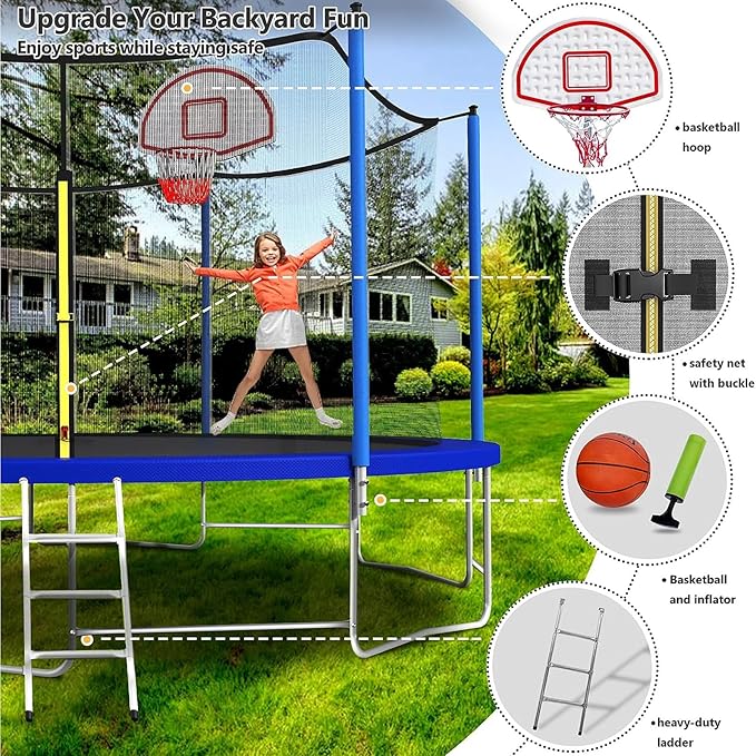 Upgraded 16FT 15FT 14FT 12FT 10FT 8FT Trampoline Outdoor with Basketball Hoop and Net, Capacity for 4-6 Kids and Adults