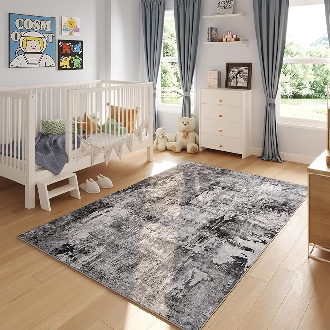 9x12 Rug Washable Boho Rug Soft Large Area Rug Non-Slip Non-Shedding Faux Wool Vintage Rug for Living Room, Farmhouse, Dining Room, Indoor, Kids Playroom, Grey and Black
