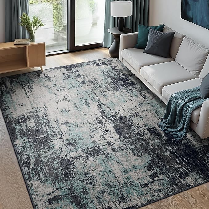 Washable Area Rugs 6'x9' Non-Slip Modern Abstract Soft for Living Room Entryway Bedroom Nursery, Print Pattern, Blue Black Teal