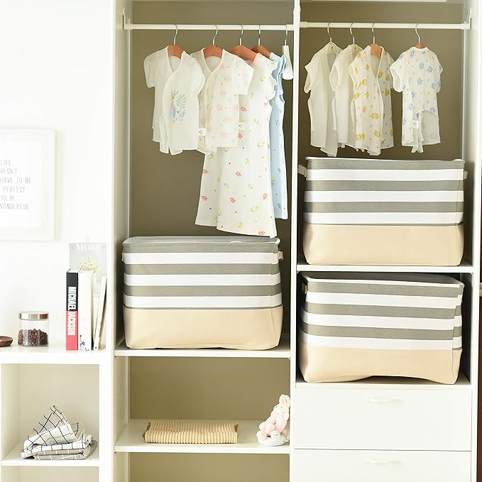 TheWarmHome Jumbo Storage Bins Baskets, Sturdy Fabric Organizing Basket W/Handles, Decorative Foldable Storage Baskets for Shelves Closet Nursery Toy (Grey&White Stripes 3 Pack, 20.5Lx15.7Wx13.8H in)