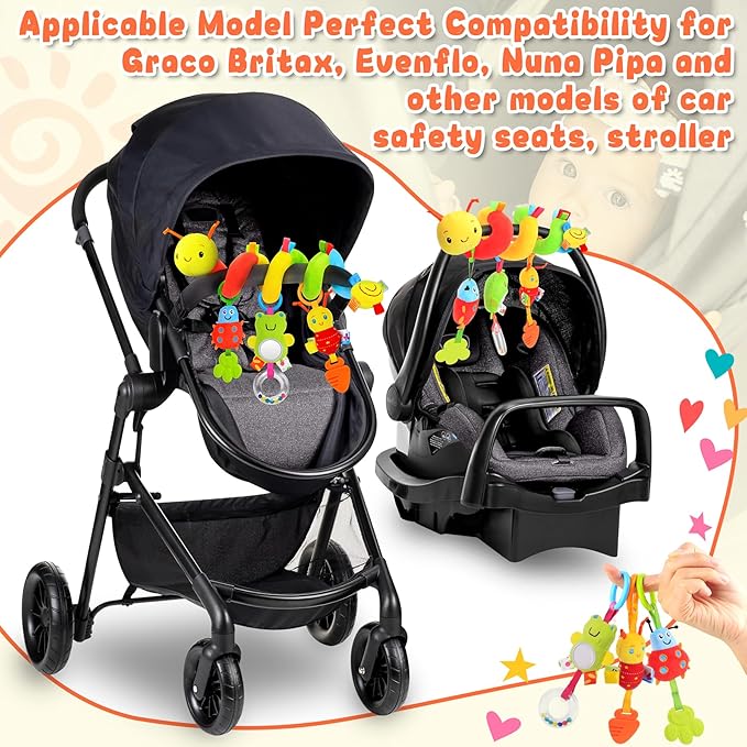 Spiral Car Seat Toys for Infants, 0-6 Months Carseat & Stroller Pram Separable Activity Hanging Toys with Rattle, Teethers, Newborn Soft Plush Travel Toy for Boys Girls Essentials Gifts