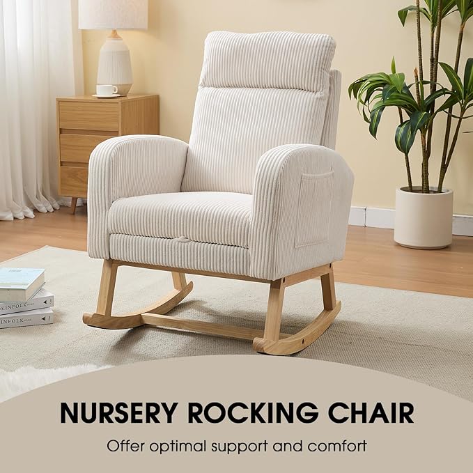 NIOIIKIT Nursery Rocking Chair, Corduroy Upholstered Rocking Chair with Adjustable Footrest, Tufted Rocker Chair with Side Pocket, Glider Rocker for Living Room, Bedroom (White Modern)