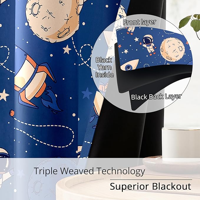 Kids Space Astronaut and Rocket Blackout Curtains - 100% Blackout, Thermal Insulated, Noise Reducing, Perfect for Kids Room and Nursery, 2 Panels (Orbiting Astronauts, W52×L84)