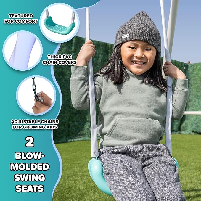 Sportspower MSC-4510-TL Arcadia Metal Swing Set with 5’ Slide, Trapeze, & 2-Person Glider Swing, Teal