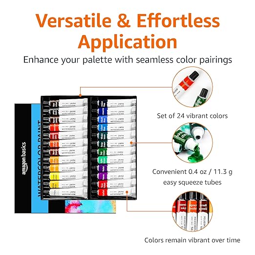 Amazon Basics Vibrant Watercolor Paint Set Tubes, 24 Colors, Assorted Colors