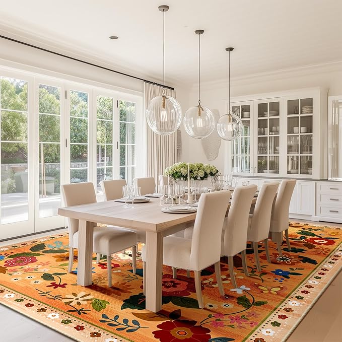 Floral 6x9 Area Rug Machine Washable Soft Print Boho Carpet Non Slip Doormat Low Pile Flower Area Rugs for Living Room Bedroom Nursery Kitchen Dining Room Indoor-Yellow/Orange