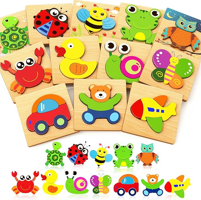 Bekayshad Wooden Puzzles Toddler Toys Gifts for 1 2 3 Year Old Boys Girls, 12 Pack Animal Jigsaw Puzzles Montessori Toys, Learning Educational Birthday Gifts for Girls Boys Ages 1-3