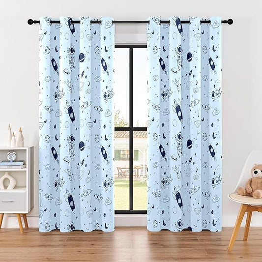 Kids Space Rocket and Astronaut Blackout Curtains - 100% Blackout, Thermal Insulated, Noise Reducing, Perfect for Kids Room and Nursery, 2 Panels (Sky-Blue Space Doodles, W52×L84)