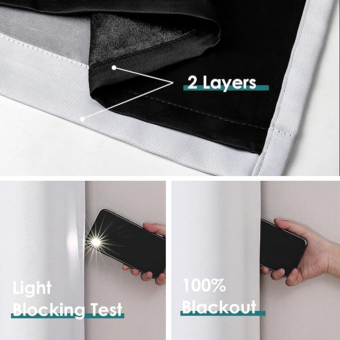 ChrisDowa 100% Blackout Curtains for Bedroom with Black Liner, 2 Thick Layers Total Blackout Thermal Insulated Grommet Window Curtains 2 Panels Set (Greyish White, 42 x 63 Inch)