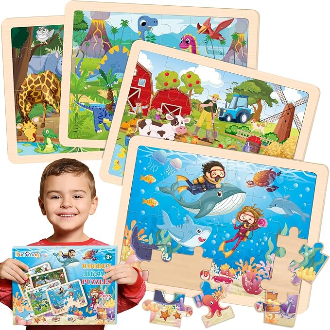 4 Packs Puzzles for Kids Ages 4-6, Wooden Animals Jigsaw Puzzles for Toddlers Ages 2-4, Preschool Educational Puzzles Boards Toys Gifts for 3 4 5 6 Boys Girls