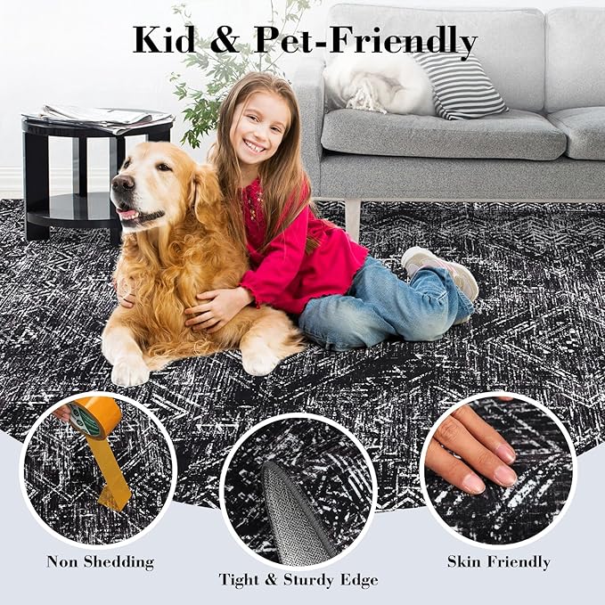 COZYLOOM Black Rug for Living Room 10x13 Machine Washable Area Rugs Modern Abstract Door Mats Non Slip Stain Resistant Geometric Accent Rug for Bedroom, Dining Room, Nursery