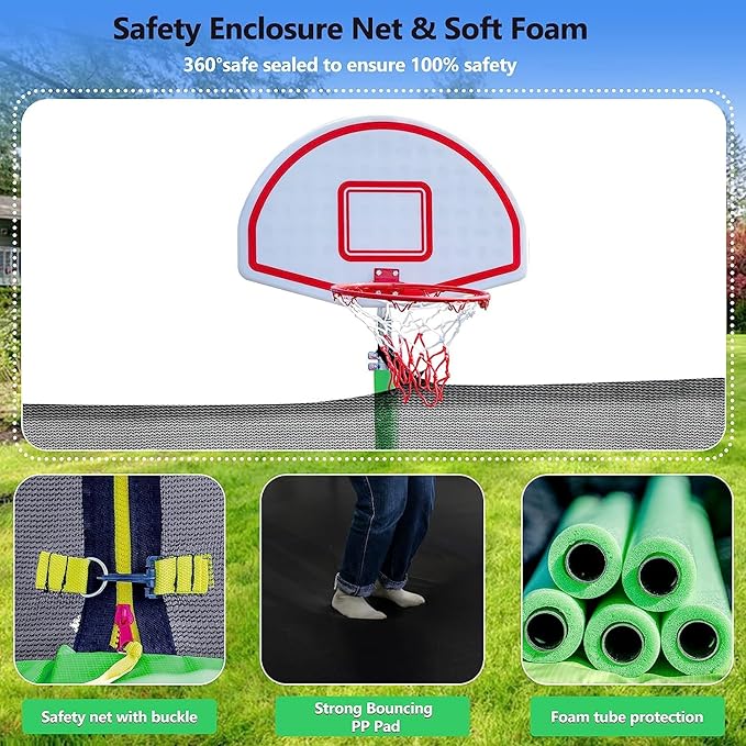 Upgraded 16FT 15FT 14FT 12FT 10FT 8FT Trampoline Outdoor with Basketball Hoop and Net, Capacity for 4-6 Kids and Adults
