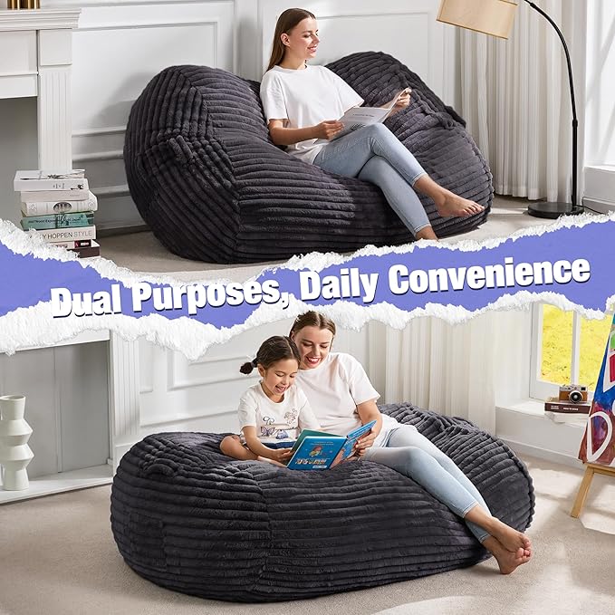 Hobestluk 4FT Bean Bag Chairs Adult Bean Bag with Portable Handle Comfy Large Bean Bag Chair with Removable Cover for Living Room Bedroom or Reading Nook (Stripe Dark Grey, 4FT)