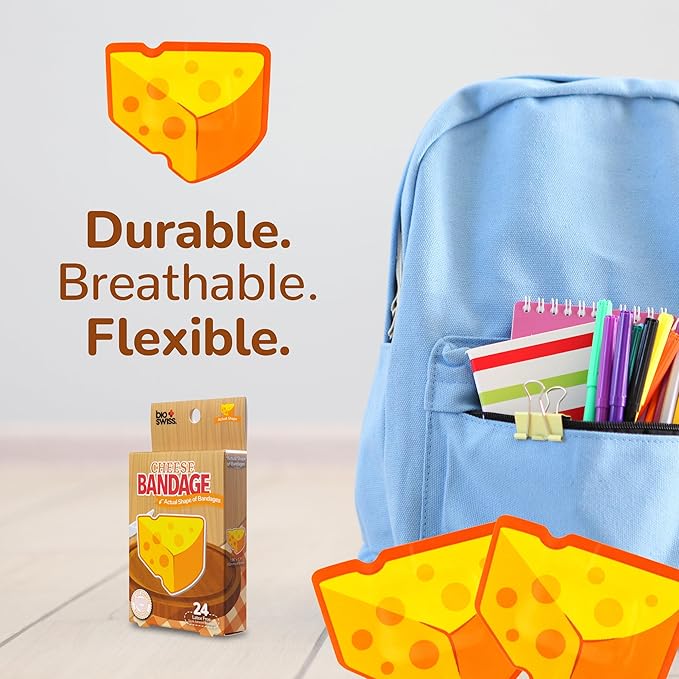 BioSwiss Bandages, Cheese Shaped Self Adhesive Bandage, Latex Free Wound Care, Fun First Aid Kit Supplies for Kids and Adults, 24 Count