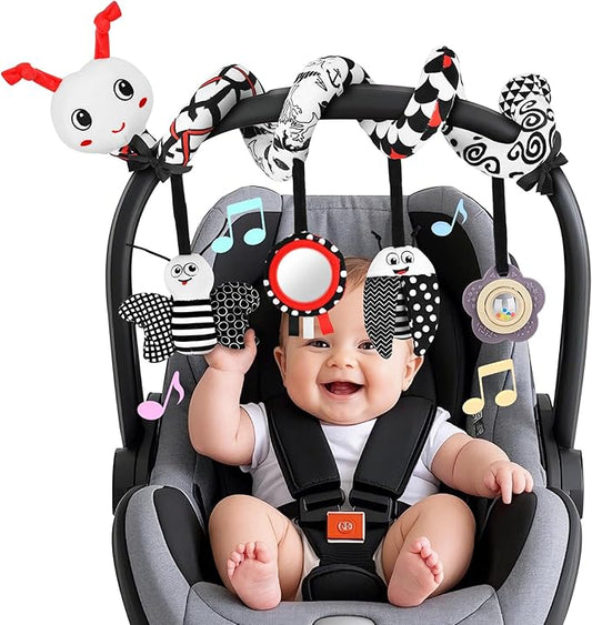 Car Seat Toys for Babies, 0-6 Months Stroller Activity Black White Baby Spiral Plush Toys Newborn High Contrast Sensory Carseat Toys with 4 Pendants Hanging Boys Girls Gift