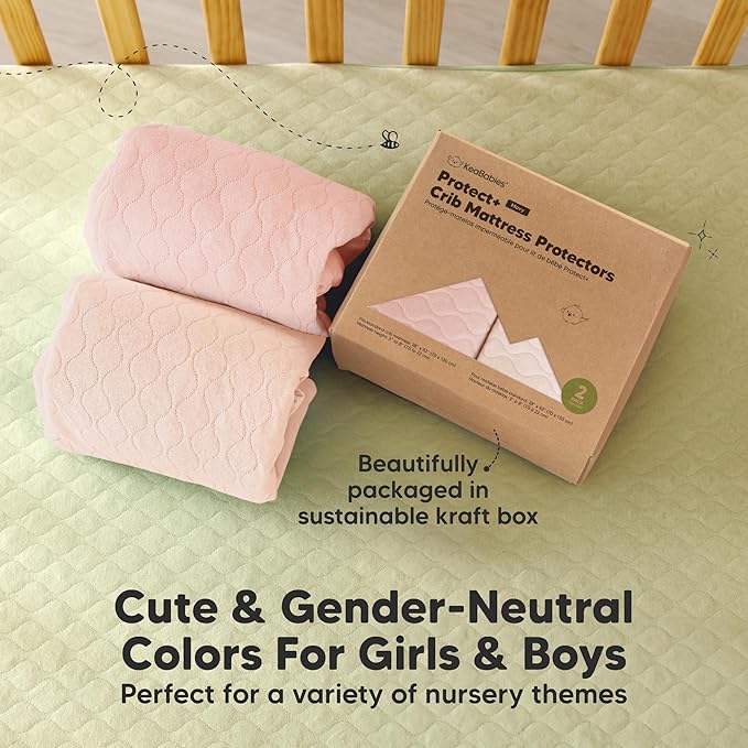 Waterproof Crib Mattress Protector Cover Fitted - 2-Pack Quiet Baby Crib Mattress Pad Sheets, 52" x 28" Soft Quilted Cotton Baby Sheet, Machine Washable, Easy Fit, Durable (Mist Rose/Mavy)