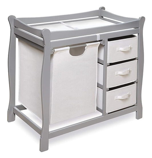 Badger Basket Sleigh-Style Baby Changing Table - Diaper Changing Station with 3 Storage Baskets - Nursery Organizer with Hamper, Changing Pad, Safety Rails - Gray