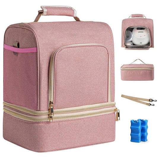 NCVI Breast Pump Bag, Double Layer Removable Pump Bag for Spectra S1, S2, Medela, Breast Pump Backpack with Ice Pack, Insulated Breast Milk Cooler Bag for Working Nursing Moms, Pink