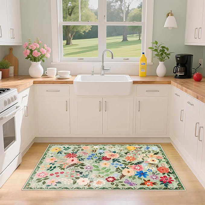 Entryway Rug 2X3 Small Rugs: Floral Washable Door Mat Vintage Soft Low Pile Non-Slip Kitchen Rugs Stain Resistant Indoor Throw Rug for Entrance, Bedroom, Kitchen, Laundry, Bathroom Green