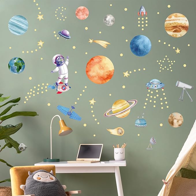 Watercolor Solar System Wall Decals, Glow in The Dark Stars, Kids Planets Sticker for Ceiling, Astronaut Wall Stickers for Bedroom（Green）