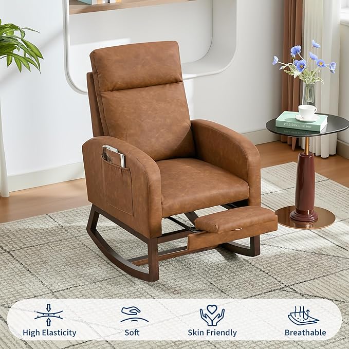 Rocking Chair Nursery with Foot Rest, Modern PU Upholstered Reading Glider Rocker Accent Armchair with High Backrest, Padded Seat, Side Pocket, for LivingRoom, Bedroom, Baby Room, Brown