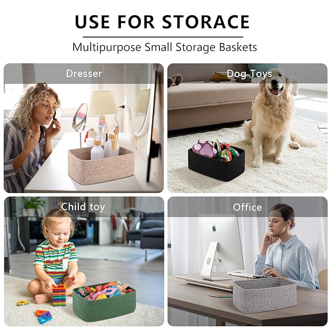 4 Pack Small Storage Shelf Baskets for Organizing, Mini Woven Rope Storage Bins for Towels, Cute Decorative Closet Organizer，Baby Nursery, Gift Empty Baskets -11.81''Lx7.87''Wx4.72''H-Green