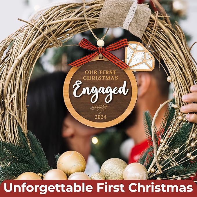 Our First Christmas Engaged Ornament 2024 - Wood Engagement Ornament 2024, Funny Engagement Gifts for Couples, Happy Newly Engaged Christmas Ornament 2024 for Bride