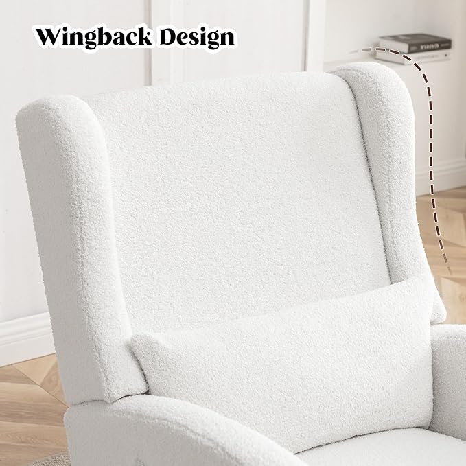Rocking Chair Nursery,Teddy Nursery Rocking Chairs with Foot Rest, Sherpa Nursing Chair Glider Rocker with Wingback and Pillow for Living Room, Bedroom, White