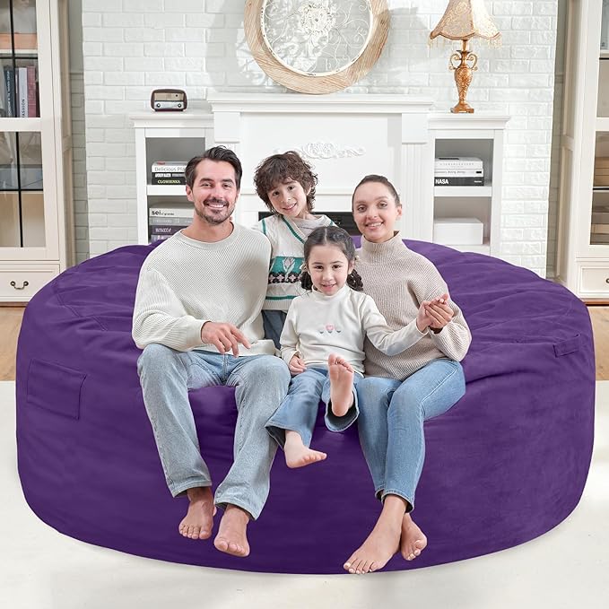 6FT Bean Bag Chair, Large Bean Bag Chairs with Memory Foam Filled, Fluffy Beanbag Sofa with Dutch Velvet Cover, Round BeanBag Chairs for Living Room, Playroom - Purple