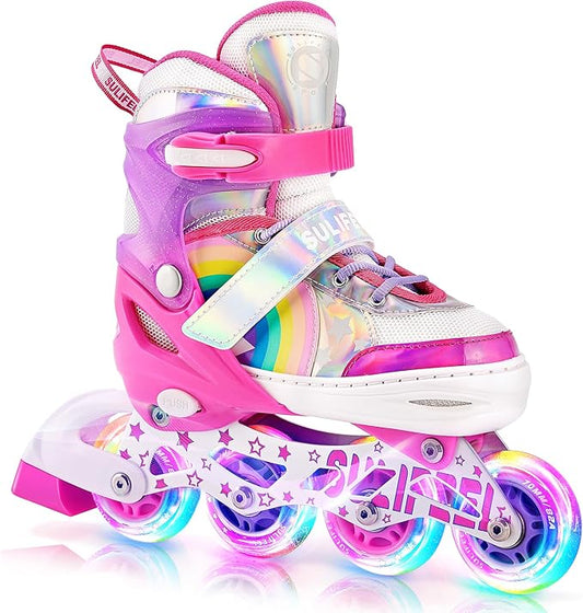 SULIFEEL Rainbow Unicorn Inline Skates for Girls Boys 4 Size Adjustable Light up Wheels Skates for Kids Beginner