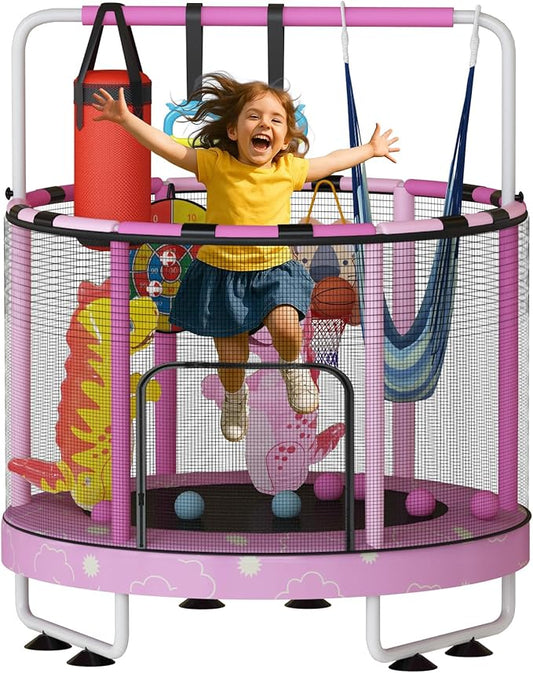 LAMERGE 55" 7-in-1 Round Trampoline for Kids Boys & Girls Ages 1-8, Indoor & Outdoor Trampoline for Fun, Adjustable Height Handrail ＆ Enclosed Safety Net ＆ Durable Designs for Toddlers Children