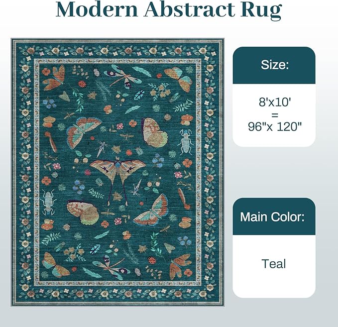 8x10 Area Rugs with Insect Print - Bug Rug Non-Shedding Stain Resistant Soft Carpet for Bedroom, Low Pile Ultra-Thin Machine Washable Carpet for Dining Room, Kids Nursery, Office (8'x10' Teal)