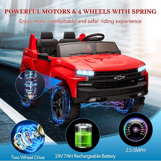 Hetoy 24V 2-Seater Truck Licensed Chevrolet Silverado Ride On Car Toy w/Parent Remote Control,4xSpring Suspension, 3 Speeds, Wireless Music, MP3 Player, Electric Vehicle Car for Kids, Red