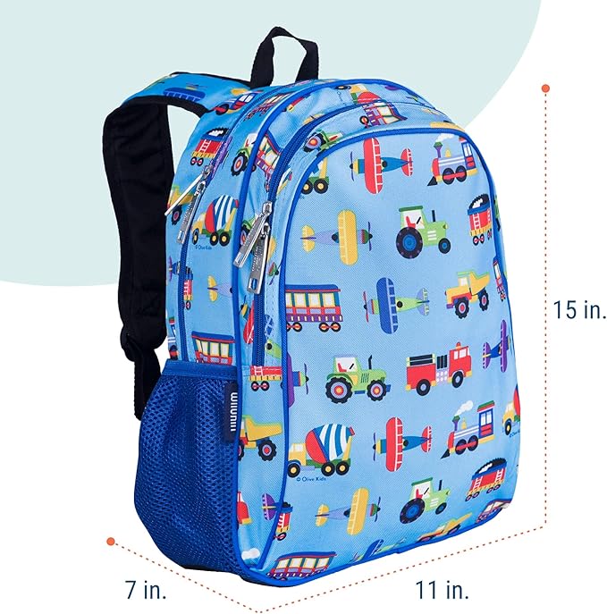 Wildkin 15-inch Kids Backpack – Durable, Padded, Adjustable for School & Travel - Trains, Planes, and Trucks