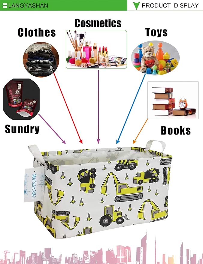 LANGYASHAN Rectangular Storage Bin Collapse Canvas Fabric Cartoon Storage Basket with Handles for Organizing Home Kitchen Boys and Girls Toys Office Closet Shelf Baskets (Rec Engineering Vehicle)