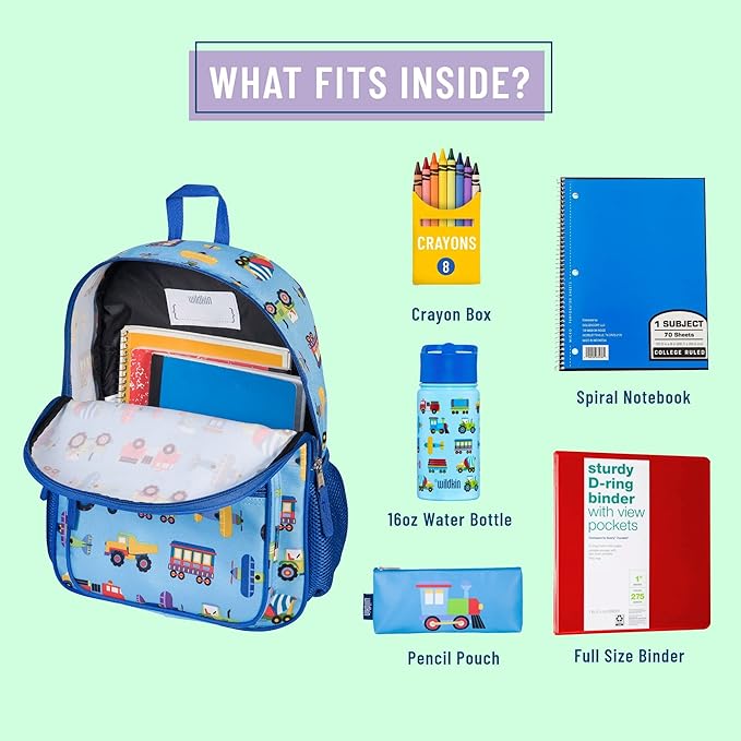 Wildkin ECO rPET Kids Backpack – Recycled, Padded, Adjustable for School & Travel – Trains, Planes & Trucks